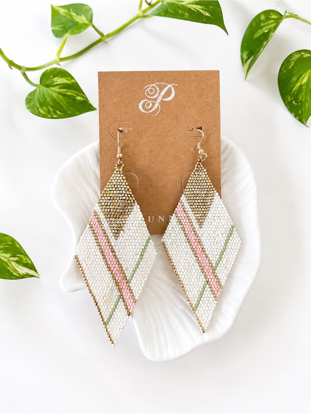 Plunder Beaded Diamond Dangle Earrings | Ivory, Gold & Blush Statement Earrings